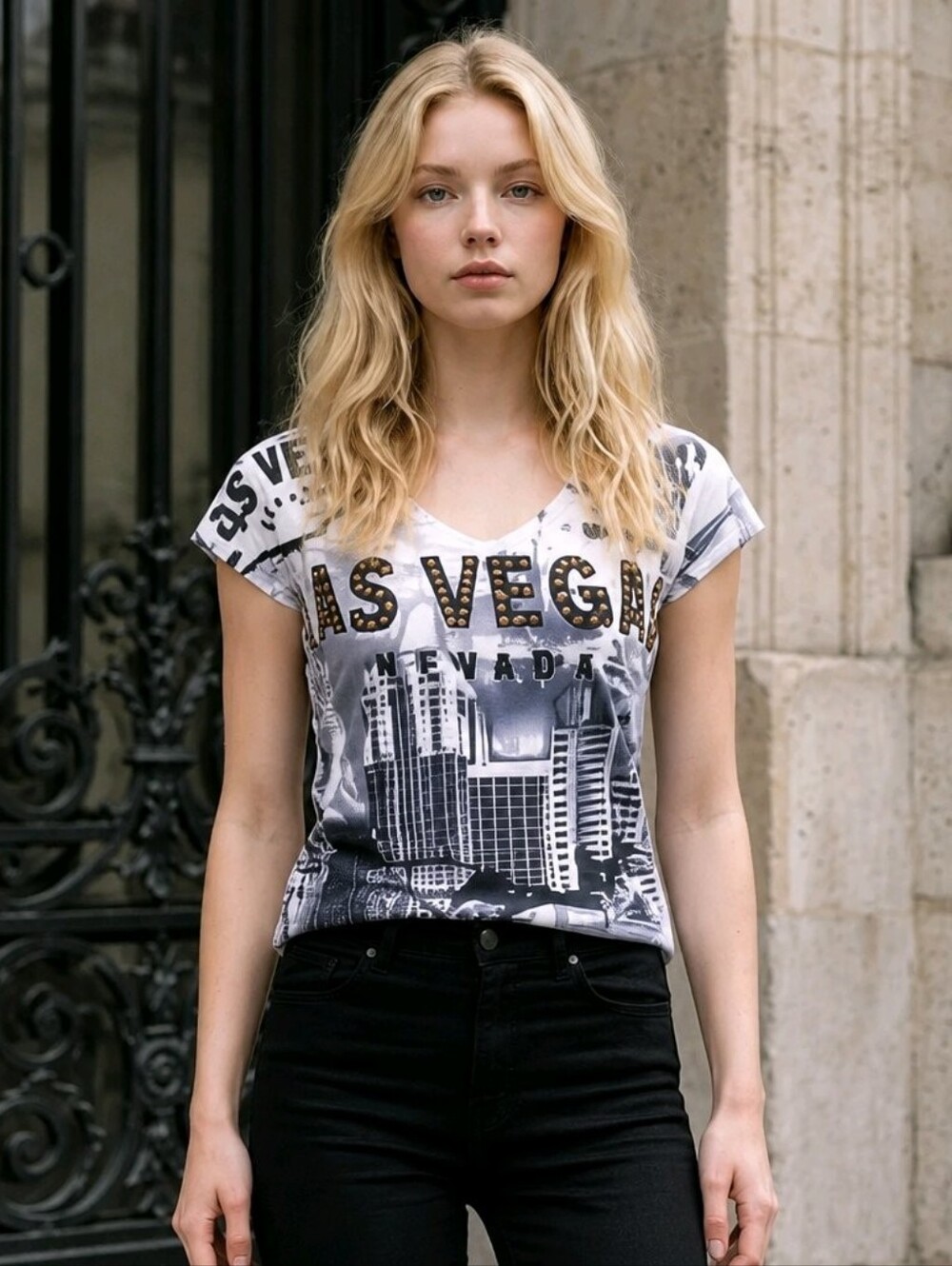 Banana Expression Las Vegas Graphic Tee Rhinestone Bling City Skyline Top